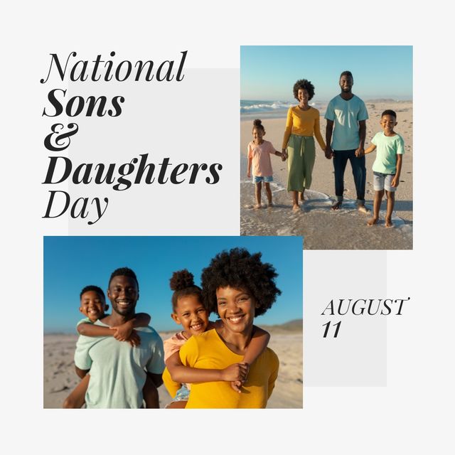 Digital image of happy african american family at beach with national sons and daughters day text. Digital composite, celebration, family, togetherness, love, enjoyment.