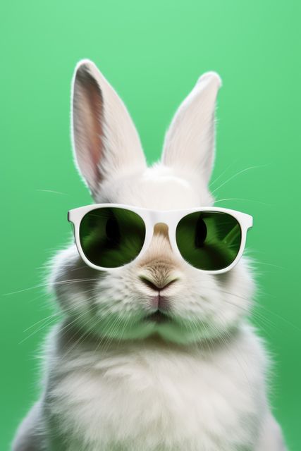White rabbit wearing large, stylish sunglasses in front of a solid green background. Suitable for fashion advertisements, social media graphics, and children's book illustrations due to its playful and humorous nature.