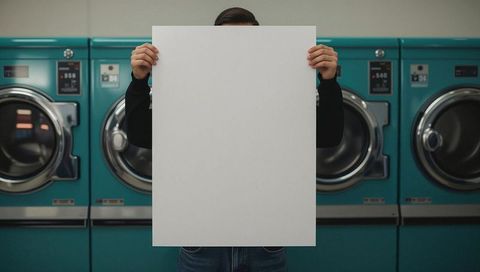 Person holding blank board in modern laundromat setting