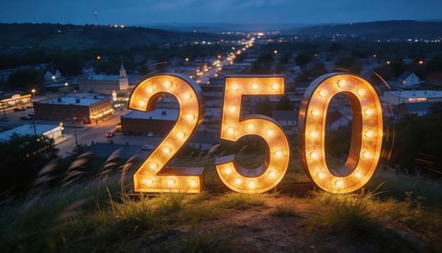 Glowing marquee numerals 250 on hilltop at dusk with warm vintage bulbs and town lights
