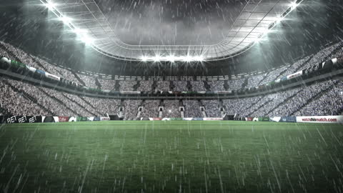 Rainfall Over Stadium with Empty Bleachers Capturing Moody Atmosphere