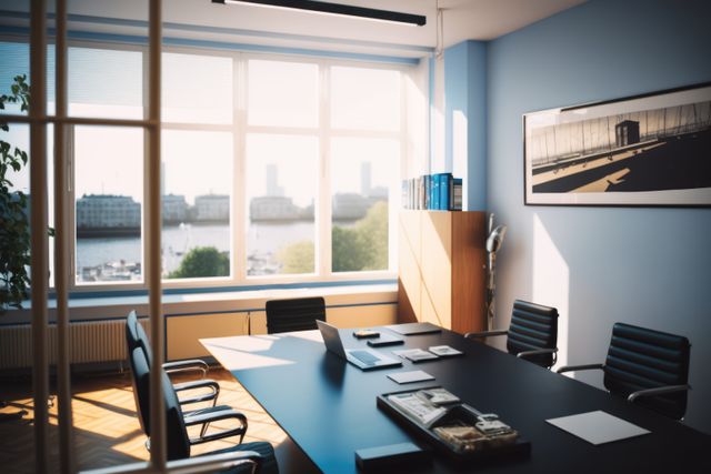 Modern conference room in office with large windows allowing natural light, city view in the background, and contemporary furniture. Suitable for presentations, corporate meetings, business planning sessions, and workspace design inspiration.