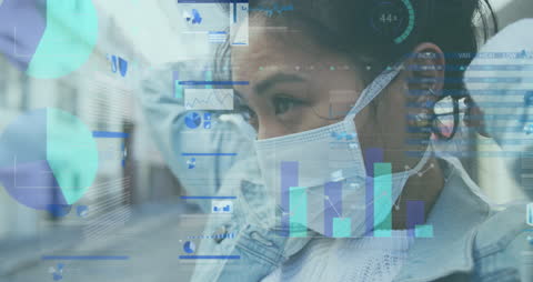 Woman Wearing Mask Overlaid with Digital Financial Data Graphics