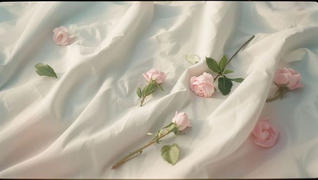 Romantic Pink Blooms on Wrinkled White Fabric