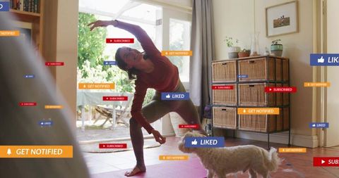 Home yoga stretching with dog and social media notifications for online wellness routine