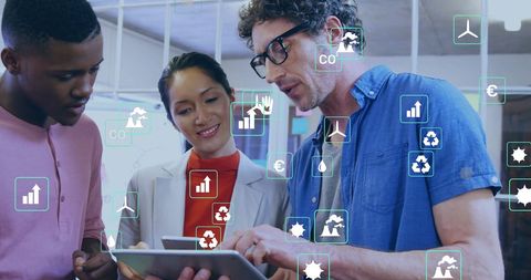 Diverse Team Discussing Green Solutions with Digital Interface Icons