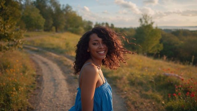Smiling woman walking along winding sunlit path through wildflower meadow in blue sundress