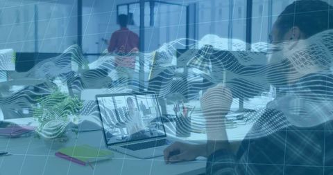 Remote team collaborating on video call in modern open office with digital waveform overlay