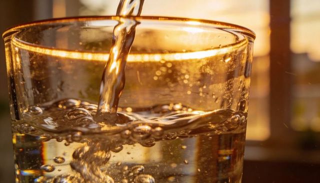Sunlit water pouring into glass creating golden ripples, bubbles and warm backlight