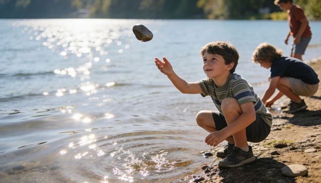Boy tossing stone into sunlit lake shore while friends play on pebble beach