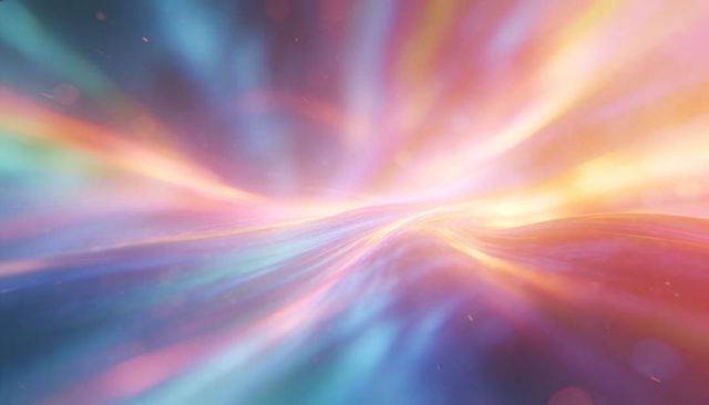 Color ribbons flowing toward luminous horizon with neon aurora glow