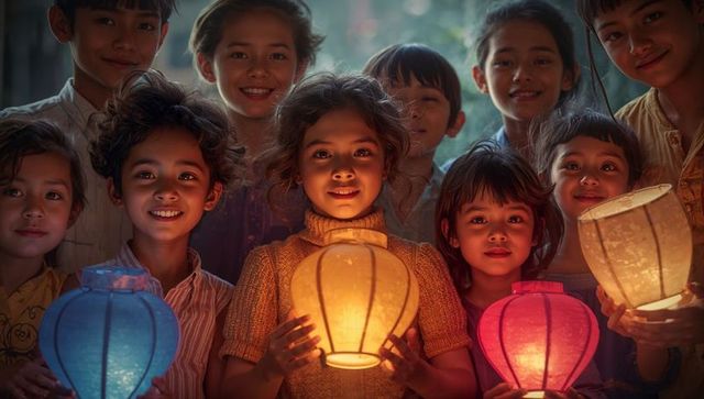 Children Holding Lit Paper Lanterns Celebrating at Dusk