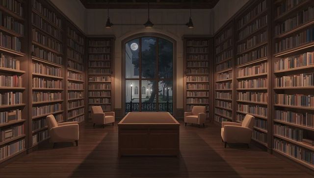 Moonlit Classic Library Interior with Central Wooden Desk and Warm Symmetrical Bookshelves
