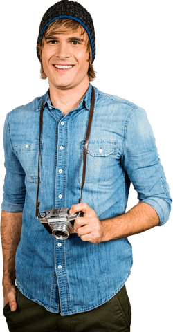 Smiling Hipster Man Holding Transparent Camera with Joyful Expression