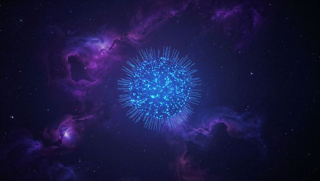 Glowing blue digital sphere with cosmic violet nebula background