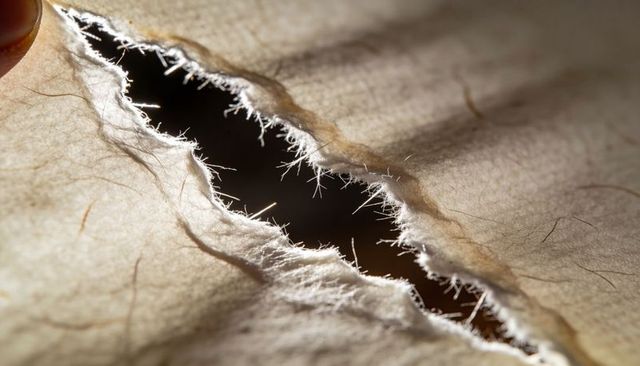 Revealing backlit torn rag paper with frayed cotton fibers close-up texture