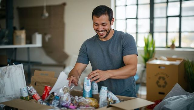 Smiling volunteer packing food donations in bright warehouse organizing cans and cartons