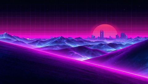 Neon magenta ridge cutting across synthwave mountains with futuristic city sunset