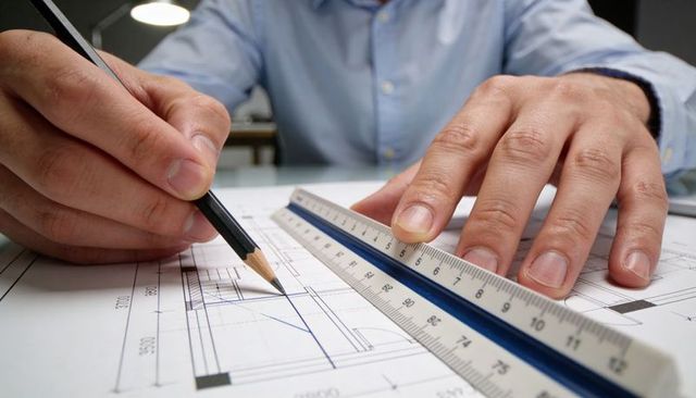 Architect drawing modern floor plan with scale ruler and pencil, hands tracing precise lines