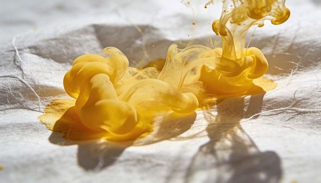 Golden pigment swirling into translucent plumes on textured white fabric for abstract art