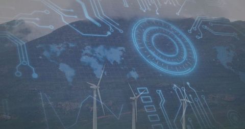 Futuristic overlay on wind turbine landscape renewable concept