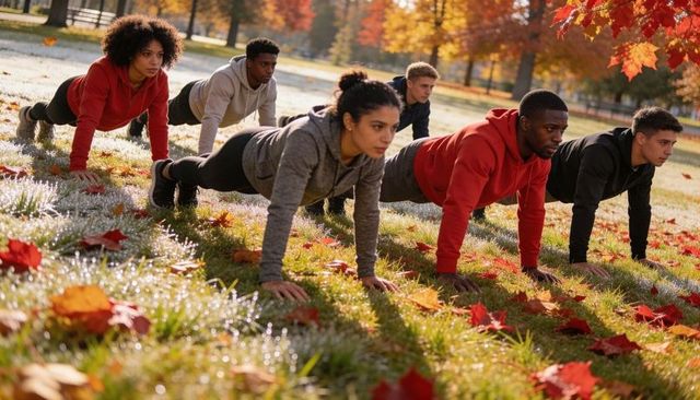 Diverse group holding plank exercise in dewy autumn park morning - fitness training