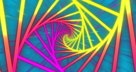 Neon geometric spiral pattern over blue background