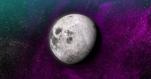 Digital illustration of moon in vivid cosmic colors
