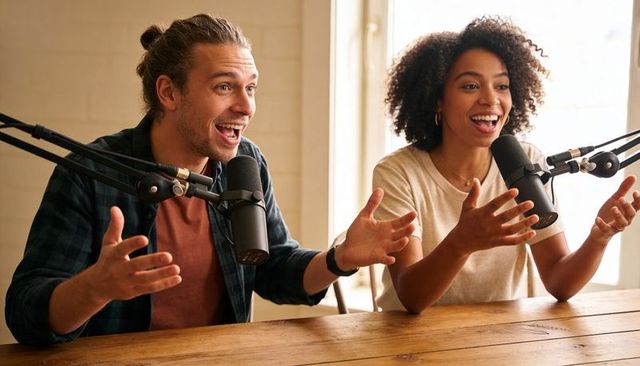 Podcast hosts laughing and gesturing while recording lively conversation at wooden table