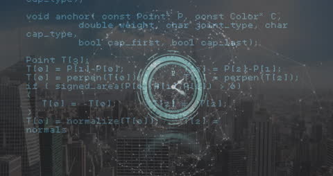 Animation of Digital Clock and Data on Cityscape Background