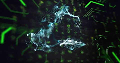 Swirling digital particles in futuristic cyberspace background