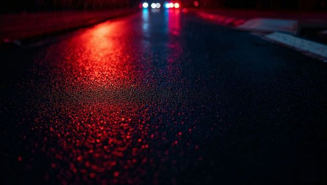 Glittering wet asphalt reflecting red and blue emergency lights on rainy urban night road