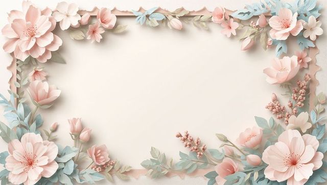 Pastel paper flower border framing blank cream panel with scalloped edge