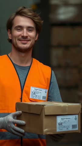 Warehouse worker grabbing box and checking label in high-visibility vest vertical video