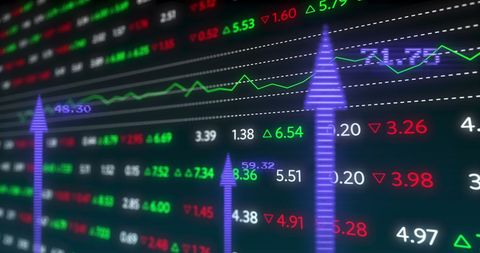 Dynamic digital stock market display against dark background