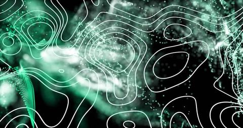 Swirling teal particle clouds with white contour lines suggesting topographic neon flow