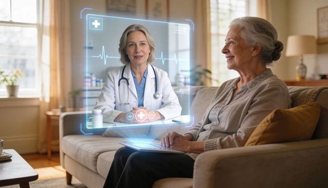 Senior woman using tablet for virtual doctor visit with holographic health interface