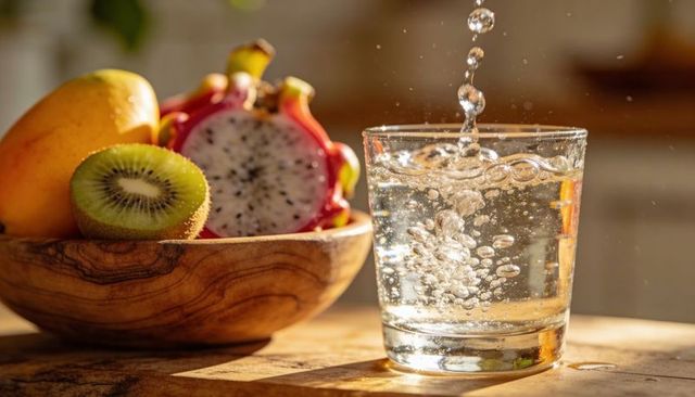 Sunlit pouring glass of sparkling water with kiwi, dragon fruit and mango in wooden bowl