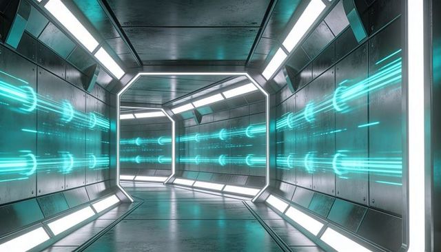 Futuristic spacecraft corridor glowing with teal energy beams and hexagonal doorway