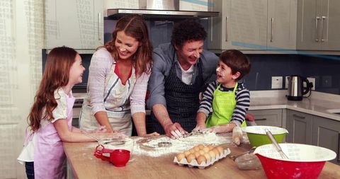Family Kneading Dough Together in Modern Kitchen, Parents and Children Baking Joyfully