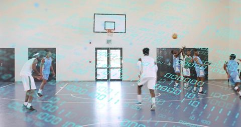 Basketball players contesting jump shot during indoor scrimmage with digital binary overlay