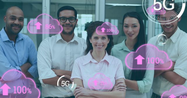 Diverse Business Team Embracing 5G Technology with Cloud Icons - Download Free Stock Images Pikwizard.com