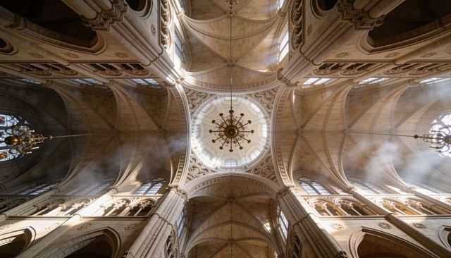 Sunlit cathedral dome and chandelier drawing eye upward through gothic vaulting and light