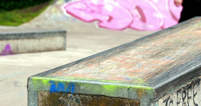 Concrete skateboard ledge at an urban skate park with colorful graffiti in background. Ideal for use in topics related to skateboarding, urban sports, outdoor activities, and street culture imagery.