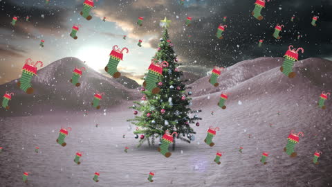 Magical Christmas Tree in Snowy Landscape with Falling Stockings