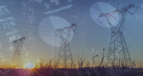 Energy Data Overlay with Powerlines and Sunset Scene