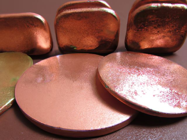 Copper ingots displayed with reflective surfaces and polished texture. Suitable for depicting raw industrial materials in metallurgy, industrial design, and metalworking. Ideal for articles or content relating to metal production, copper materials, and manufacturing processes.