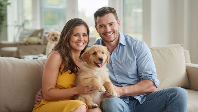 Smiling couple holding golden retriever puppy on sofa in bright modern living room