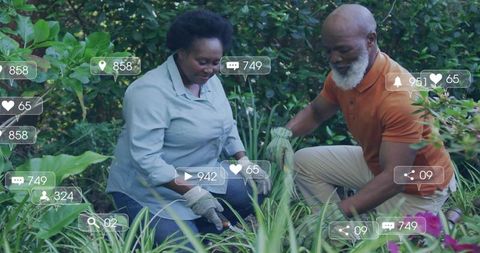 Senior couple gardening kneeling in backyard planting and weeding with social media overlay