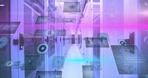Futuristic data center with holographic technology panels